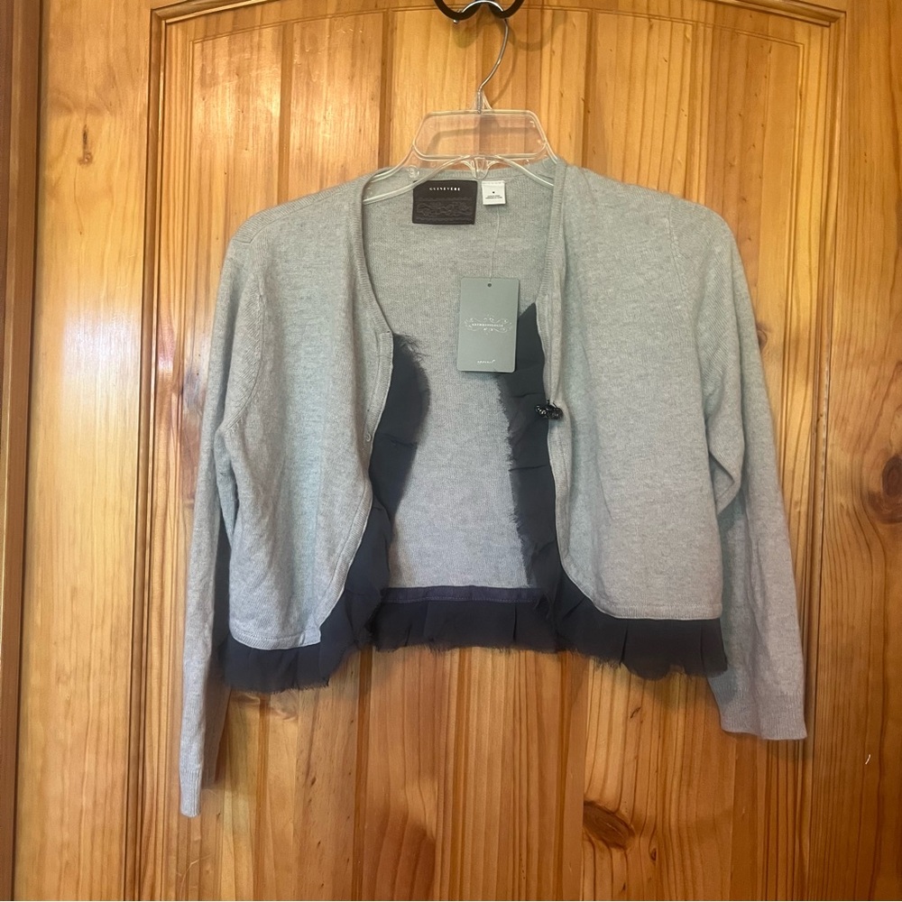 Anthropologie Light Gray Cropped Cardigan with Black Ruffle Trim Angora Blend